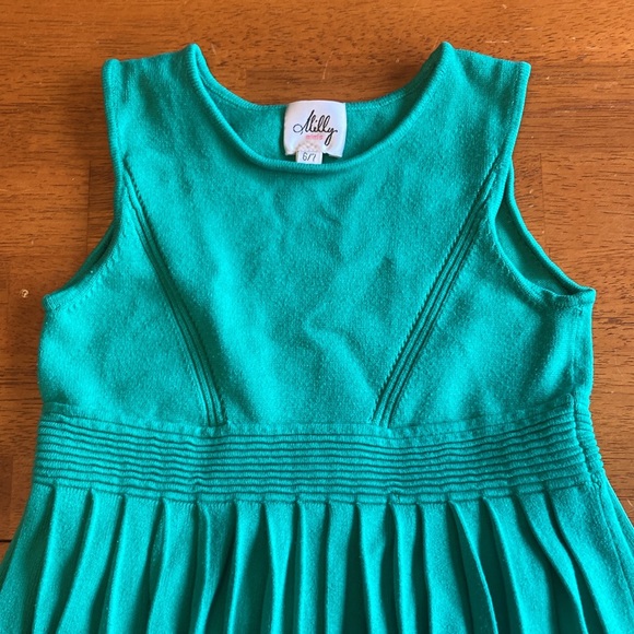Milly Minis Girl Size 6/7 Green Josephine Pleated Ribbed Knit Flounced Hem Dress - Picture 2 of 10